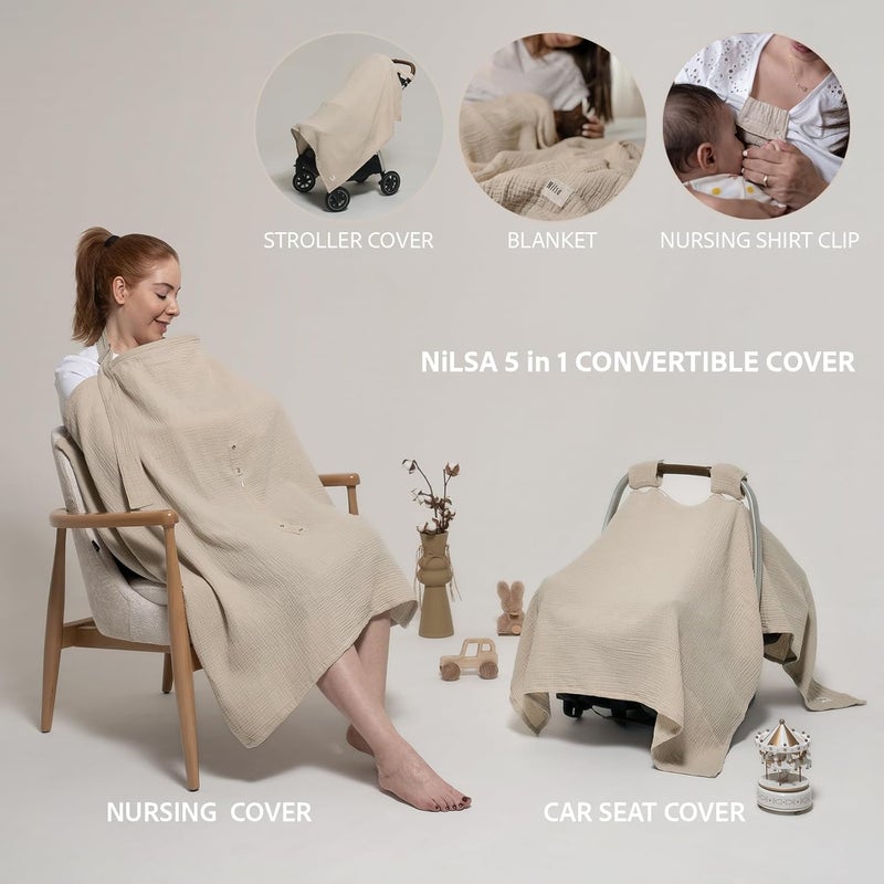 Nilsa 5-in-1 Muslin Nursing Cover up for Breastfeeding & Baby Car Seat Cover - Breathable Breastfeeding Cover With Rigid Hoop - 100% Cotton Privacy Apron Breast Feeding Covers For Women (Ecru) - Image 3
